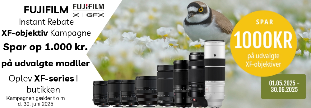 Fujifilm Instant Rebate Kampagne, Spar op til 1.000 kr. Oplev XF-series i butikken. gælder t.o.m 30 juni 2025